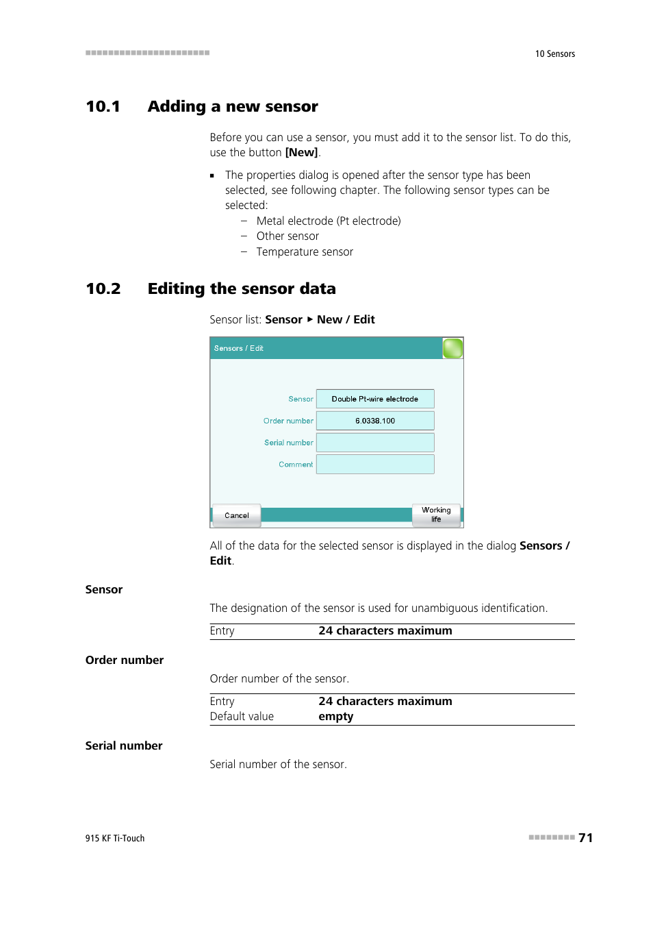 1 adding a new sensor, 2 editing the sensor data | Metrohm 915 KF Ti-Touch User Manual | Page 85 / 382