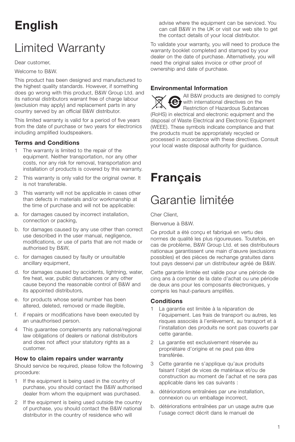 English limited warranty, Français garantie limitée | Bowers & Wilkins VM6 User Manual | Page 3 / 27