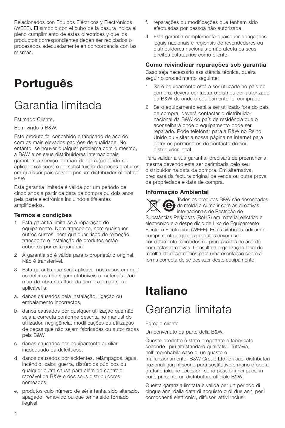 Português garantia limitada, Italiano garanzia limitata | Bowers & Wilkins VM6 User Manual | Page 6 / 27