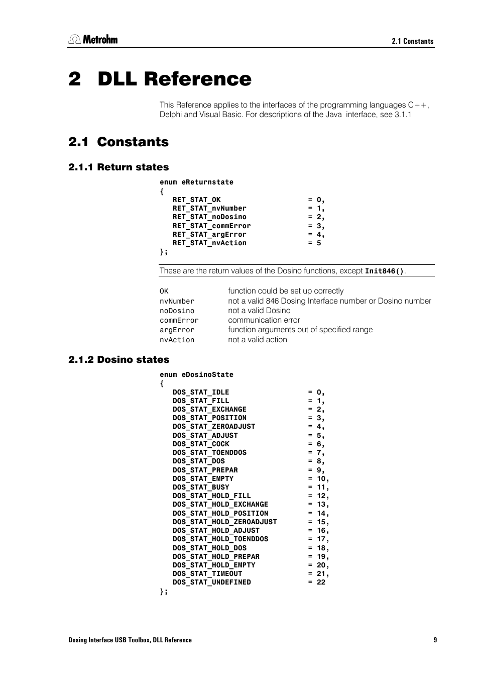 2 dll reference, 1 constants, 1 return states | 2 dosino states, Dll reference, Constants, Return states, Dosino states | Metrohm 846 Driver Toolbox User Manual | Page 13 / 53