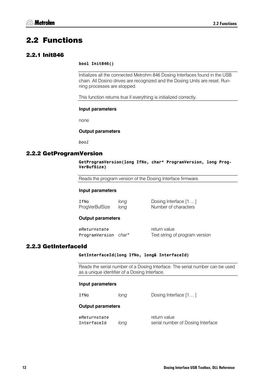 2 functions, 1 init846, 2 getprogramversion | 3 getinterfaceid, Functions, Init846, Getprogramversion, Getinterfaceid | Metrohm 846 Driver Toolbox User Manual | Page 16 / 53