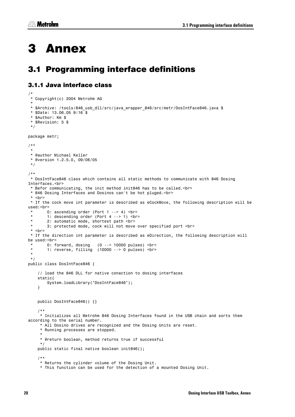 3 annex, 1 programming interface definitions, 1 java interface class | Annex, Programming interface definitions, Java interface class | Metrohm 846 Driver Toolbox User Manual | Page 24 / 53