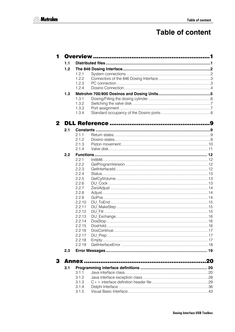 Table of content, Overview, Dll reference | Annex | Metrohm 846 Driver Toolbox User Manual | Page 3 / 53