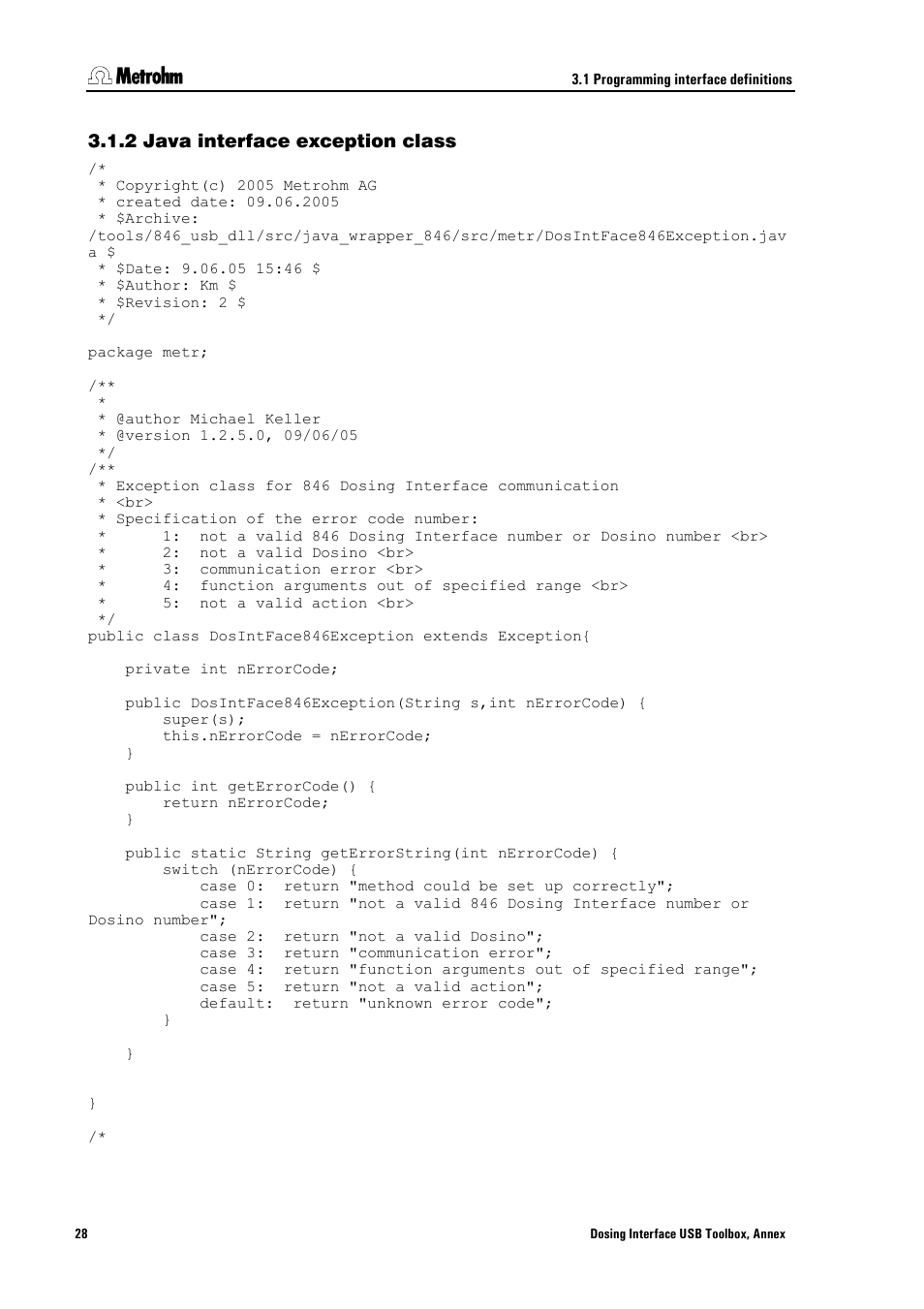 2 java interface exception class, Java interface exception class | Metrohm 846 Driver Toolbox User Manual | Page 32 / 53