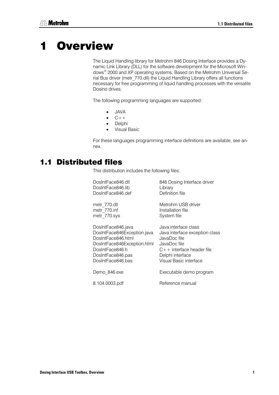 1 overview, 1 distributed files, Overview | Distributed files | Metrohm 846 Driver Toolbox User Manual | Page 5 / 53