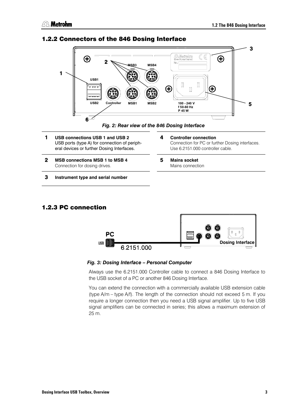 2 connectors of the 846 dosing interface, 3 pc connection, Connectors of the 846 dosing interface | Pc connection | Metrohm 846 Driver Toolbox User Manual | Page 7 / 53