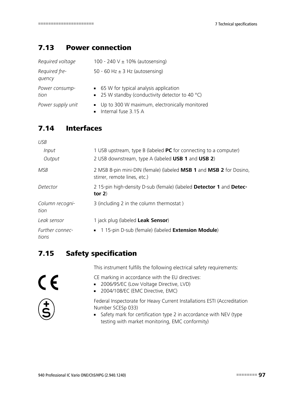 13 power connection, 14 interfaces, 15 safety specification | Metrohm 940 Professional IC Vario ONE/ChS/HPG User Manual | Page 105 / 112