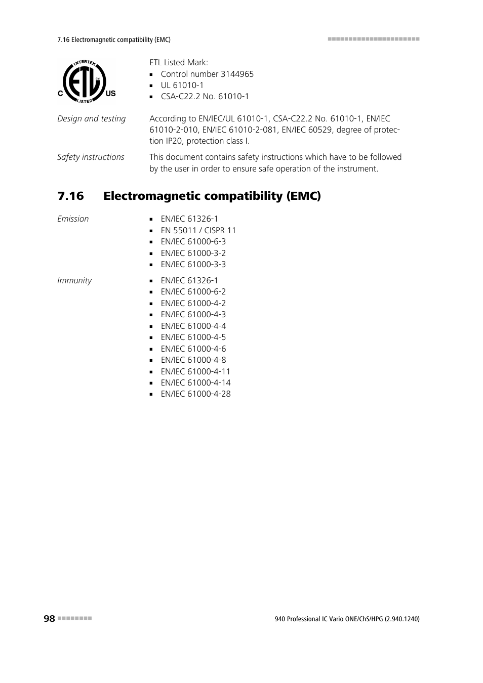 16 electromagnetic compatibility (emc) | Metrohm 940 Professional IC Vario ONE/ChS/HPG User Manual | Page 106 / 112