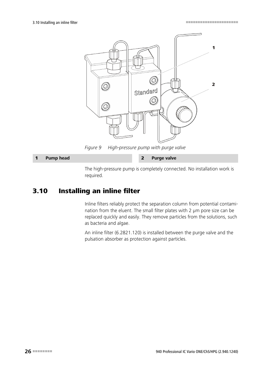 10 installing an inline filter, Figure 9, High-pressure pump with purge valve | Metrohm 940 Professional IC Vario ONE/ChS/HPG User Manual | Page 34 / 112