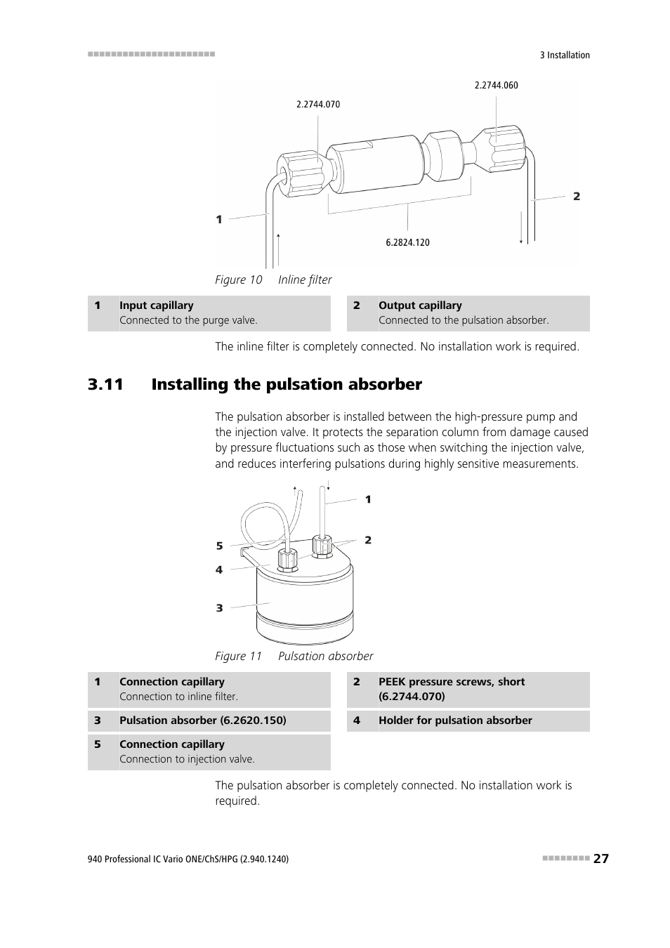 11 installing the pulsation absorber, Figure 10, Inline filter | Figure 11, Pulsation absorber | Metrohm 940 Professional IC Vario ONE/ChS/HPG User Manual | Page 35 / 112