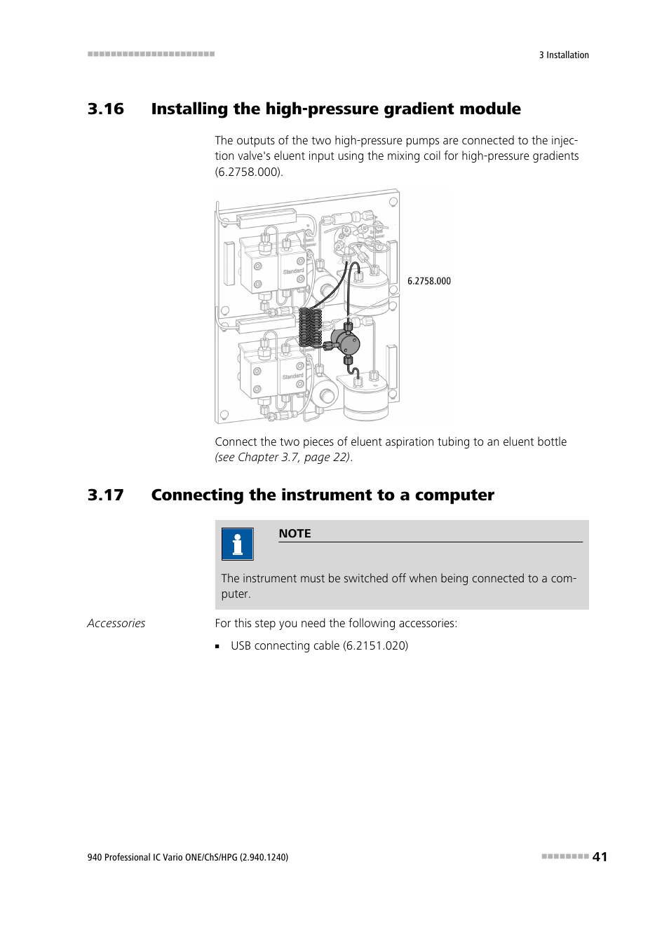 16 installing the high-pressure gradient module, 17 connecting the instrument to a computer | Metrohm 940 Professional IC Vario ONE/ChS/HPG User Manual | Page 49 / 112