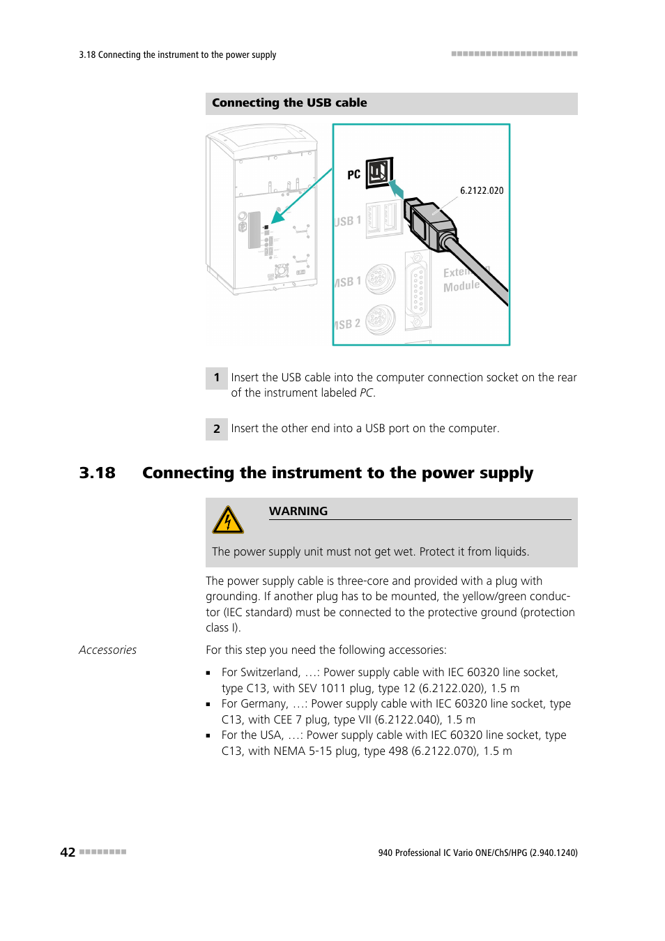 18 connecting the instrument to the power supply | Metrohm 940 Professional IC Vario ONE/ChS/HPG User Manual | Page 50 / 112
