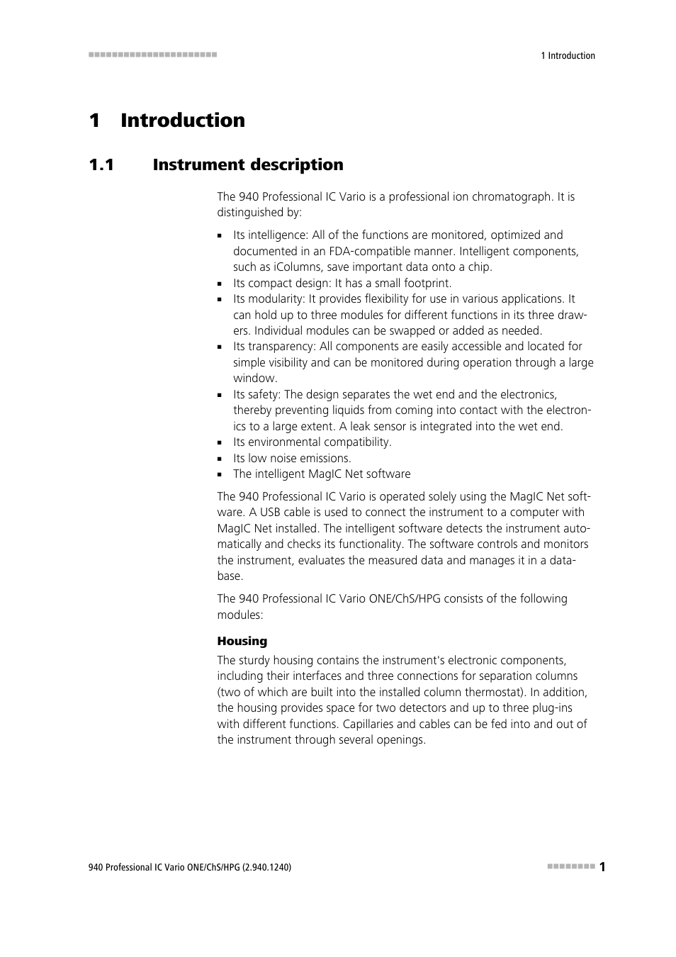 1 introduction, 1 instrument description, Instrument description | Metrohm 940 Professional IC Vario ONE/ChS/HPG User Manual | Page 9 / 112