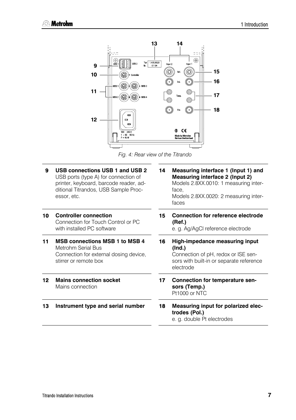 Fig. 4: rear view of the titrando | Metrohm 835 Titrando User Manual | Page 13 / 70