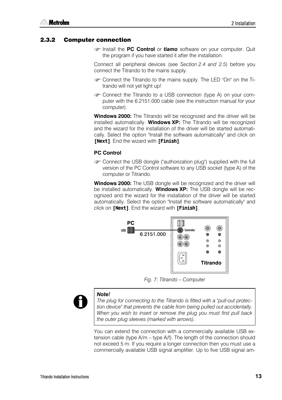 2 computer connection, Computer connection, Fig. 7: titrando – computer | Metrohm 835 Titrando User Manual | Page 19 / 70