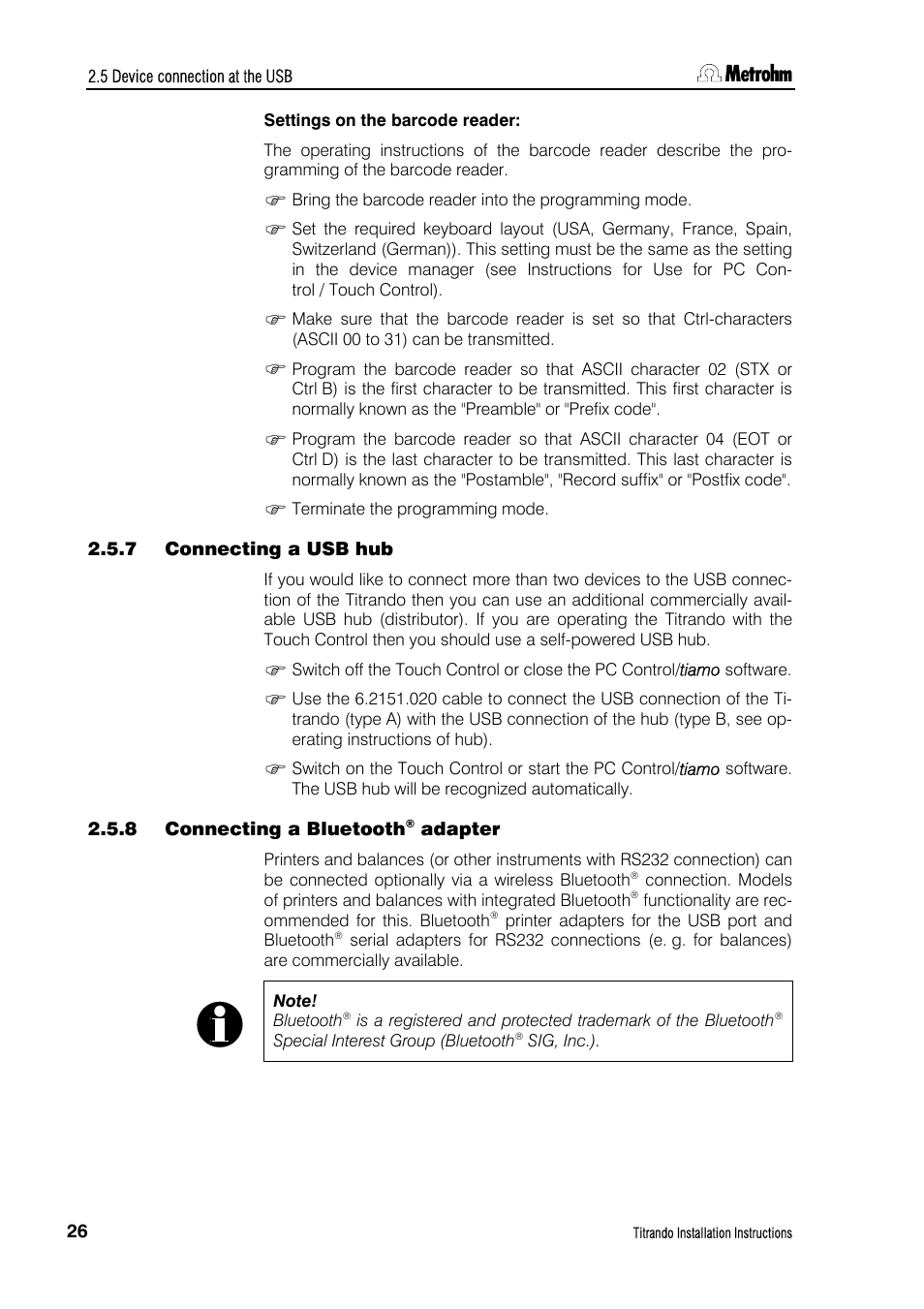 7 connecting a usb hub, 8 connecting a bluetooth adapter, Connecting a usb hub | Connecting a bluetooth, Adapter | Metrohm 835 Titrando User Manual | Page 32 / 70