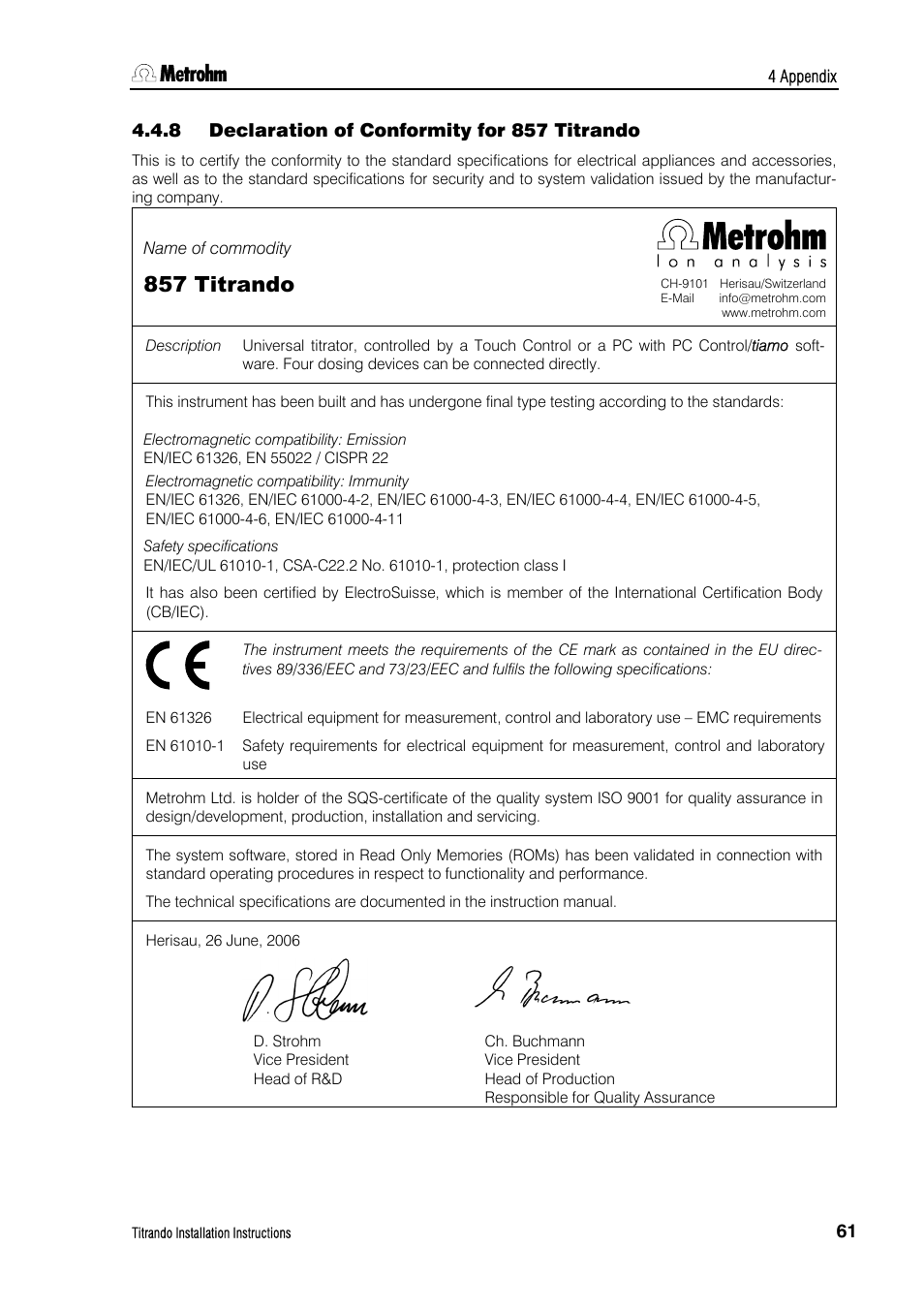 8 declaration of conformity for 857 titrando, Declaration of conformity for 857 titrando, 857 titrando | Metrohm 835 Titrando User Manual | Page 67 / 70