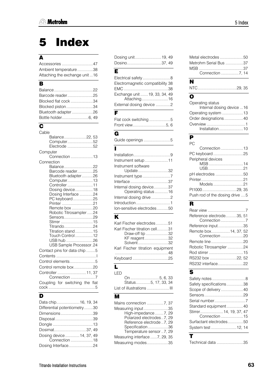 5 index, Index | Metrohm 835 Titrando User Manual | Page 69 / 70