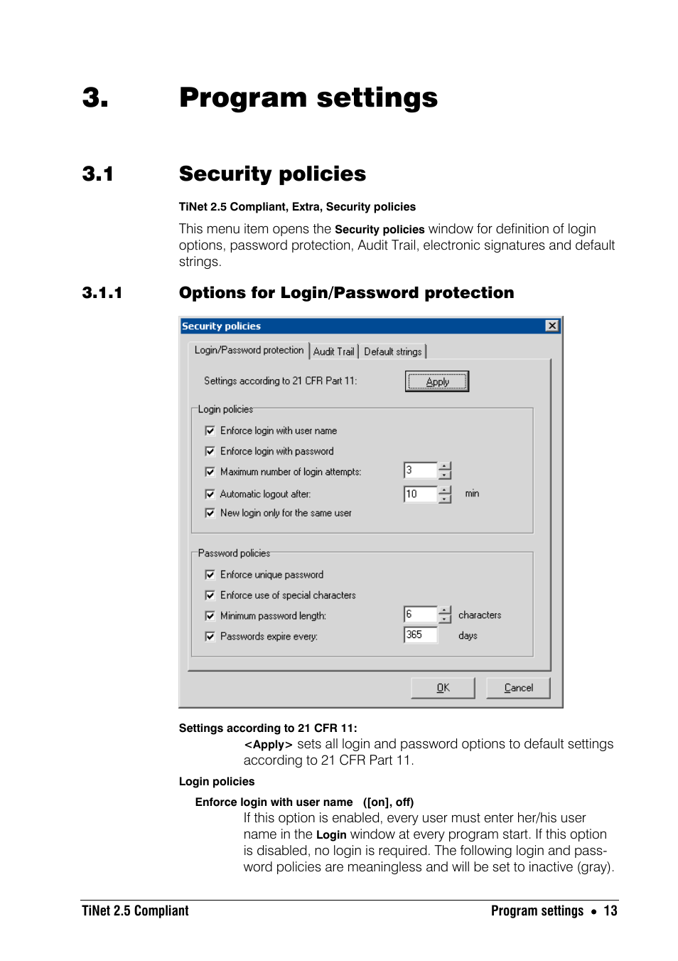 Program settings, 1 security policies, 1 options for login/password protection | Metrohm TiNet 2.5 User Manual | Page 15 / 80
