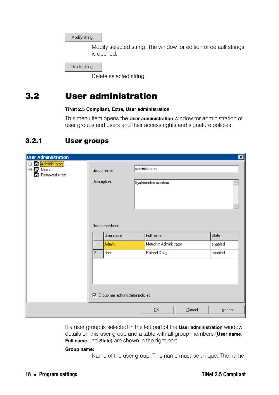 2 user administration, 1 user groups | Metrohm TiNet 2.5 User Manual | Page 18 / 80