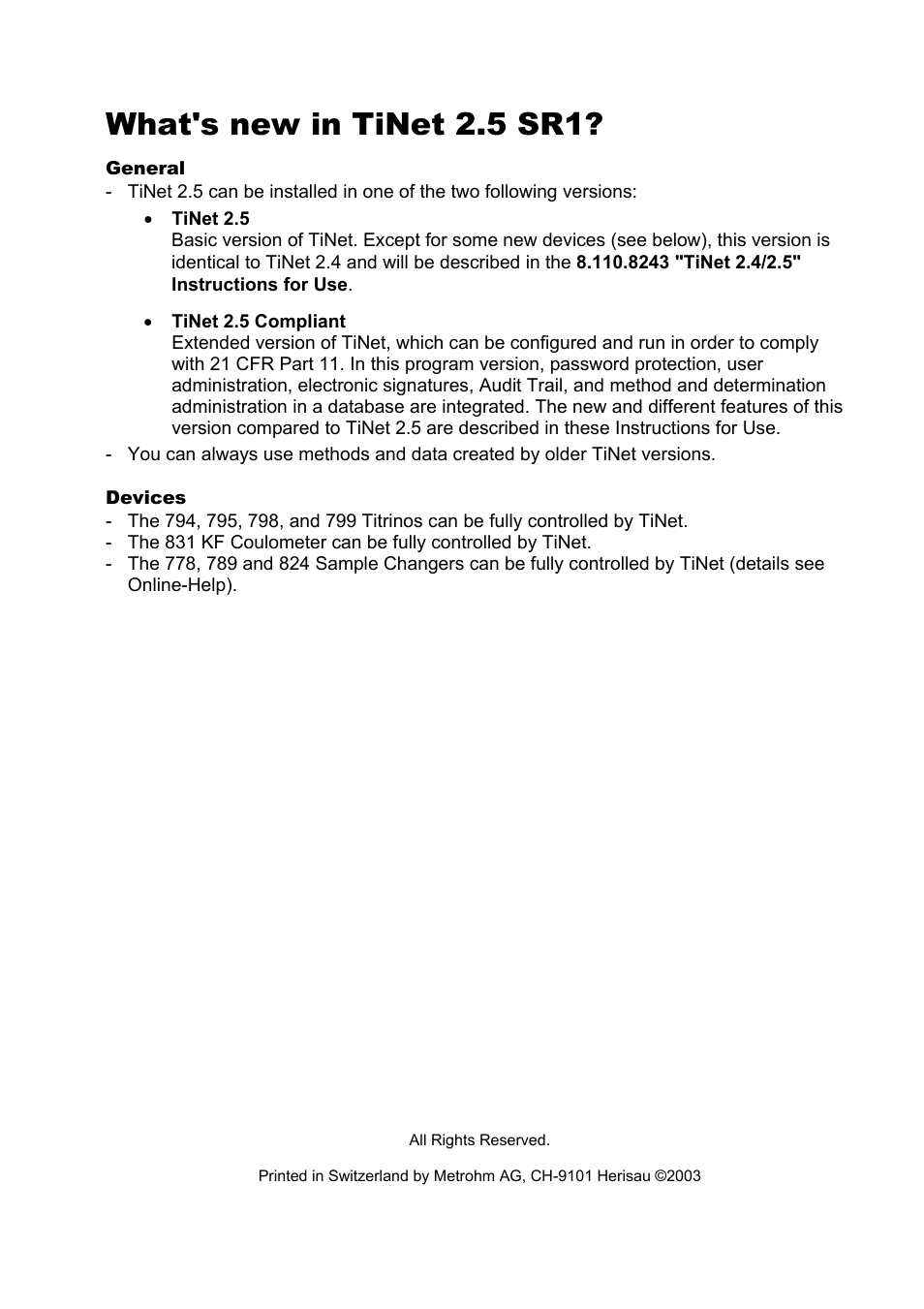 What's new in tinet 2.5 sr1 | Metrohm TiNet 2.5 User Manual | Page 2 / 80