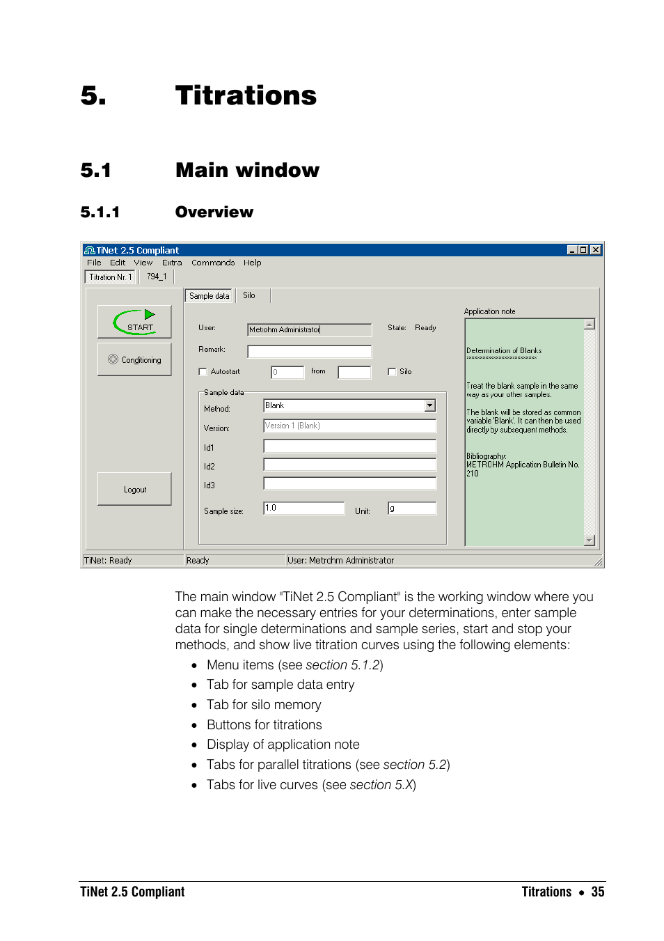 Titrations, 1 main window, 1 overview | Metrohm TiNet 2.5 User Manual | Page 37 / 80