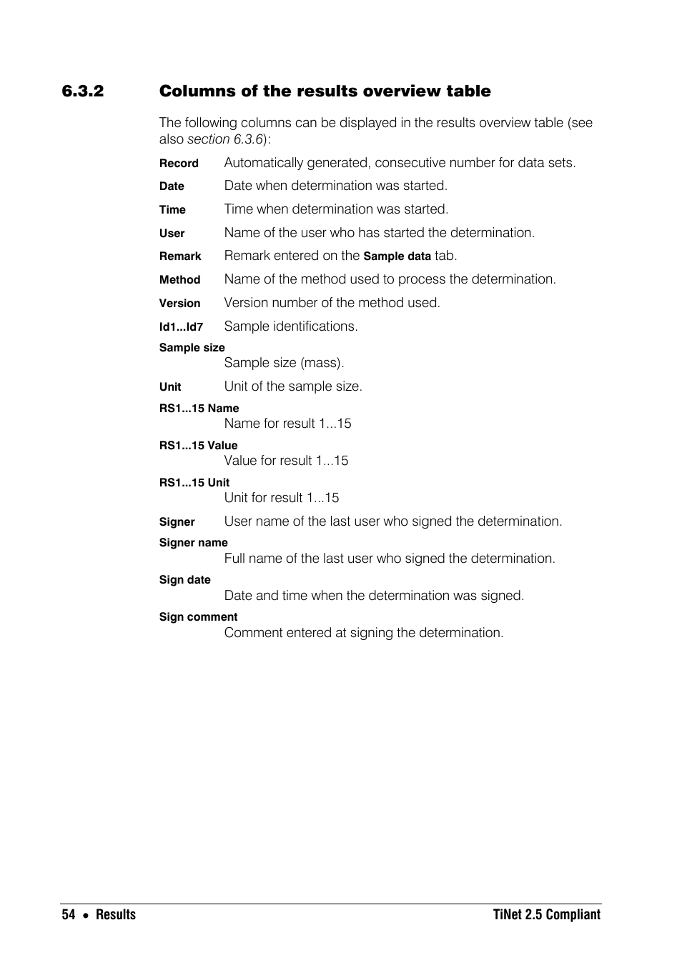 2 columns of the results overview table | Metrohm TiNet 2.5 User Manual | Page 56 / 80