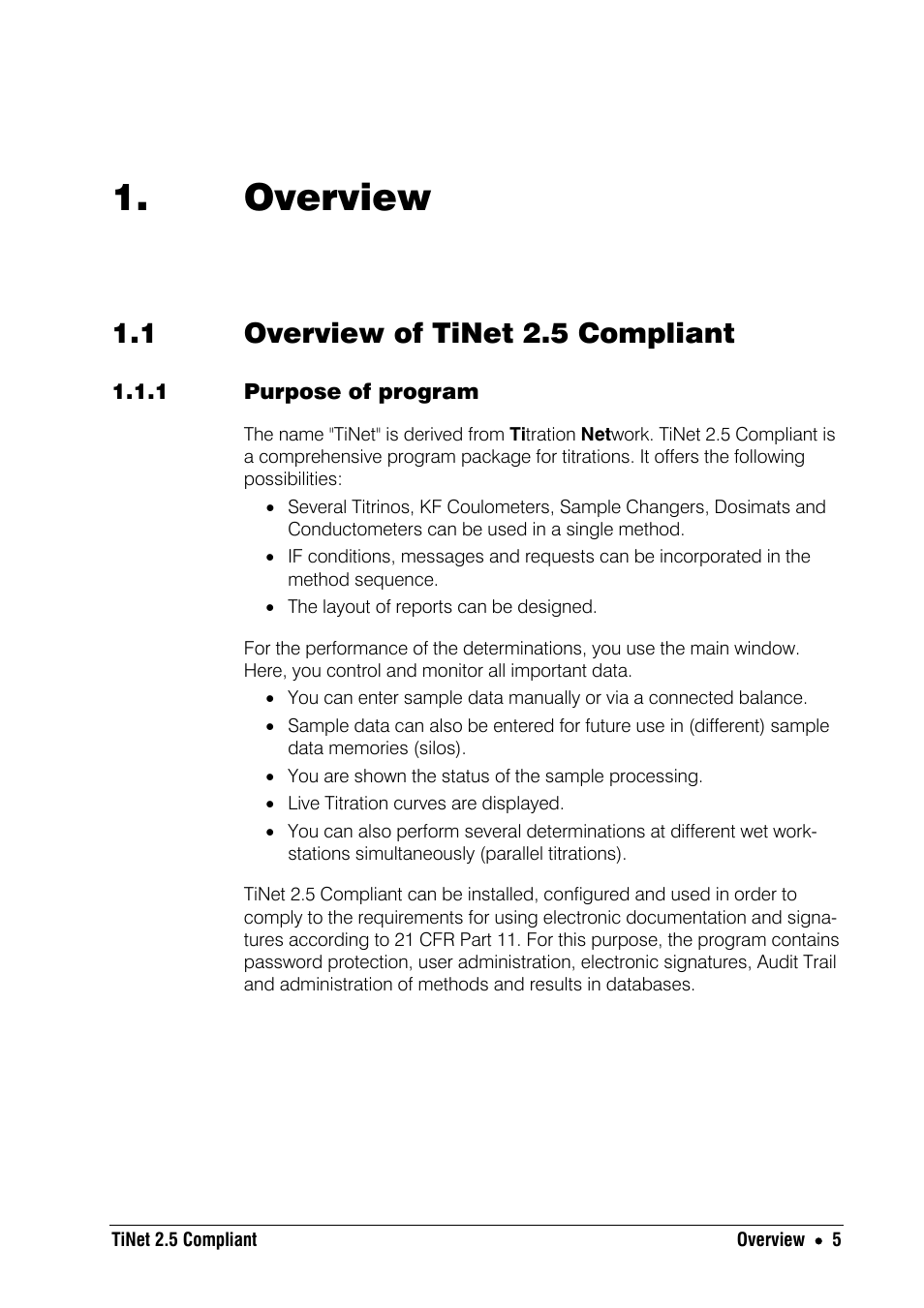 Overview, 1 overview of tinet 2.5 compliant, 1 purpose of program | Metrohm TiNet 2.5 User Manual | Page 7 / 80