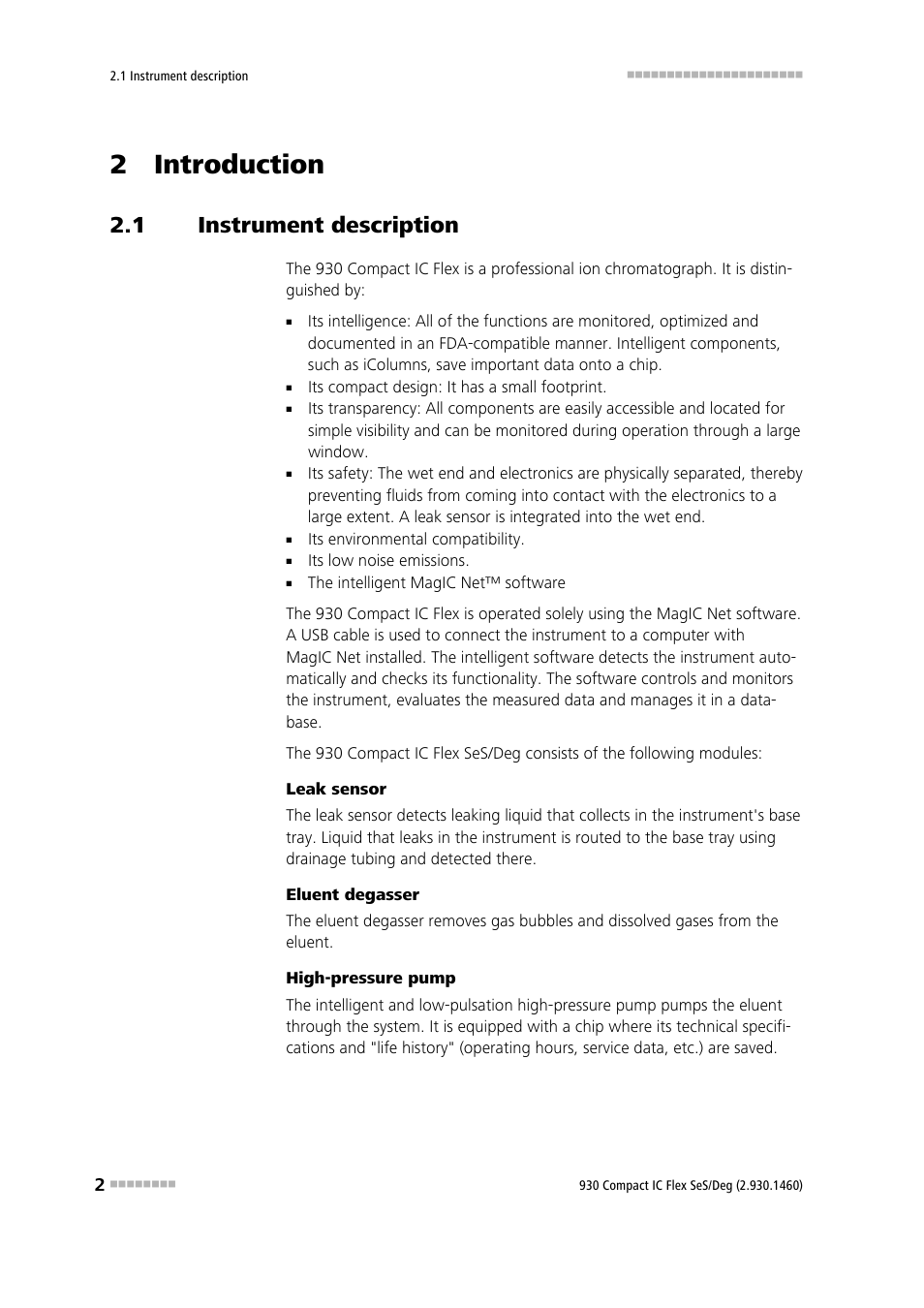 2 introduction, 1 instrument description, Instrument description | Metrohm 930 Compact IC Flex SeS/Deg User Manual | Page 10 / 48