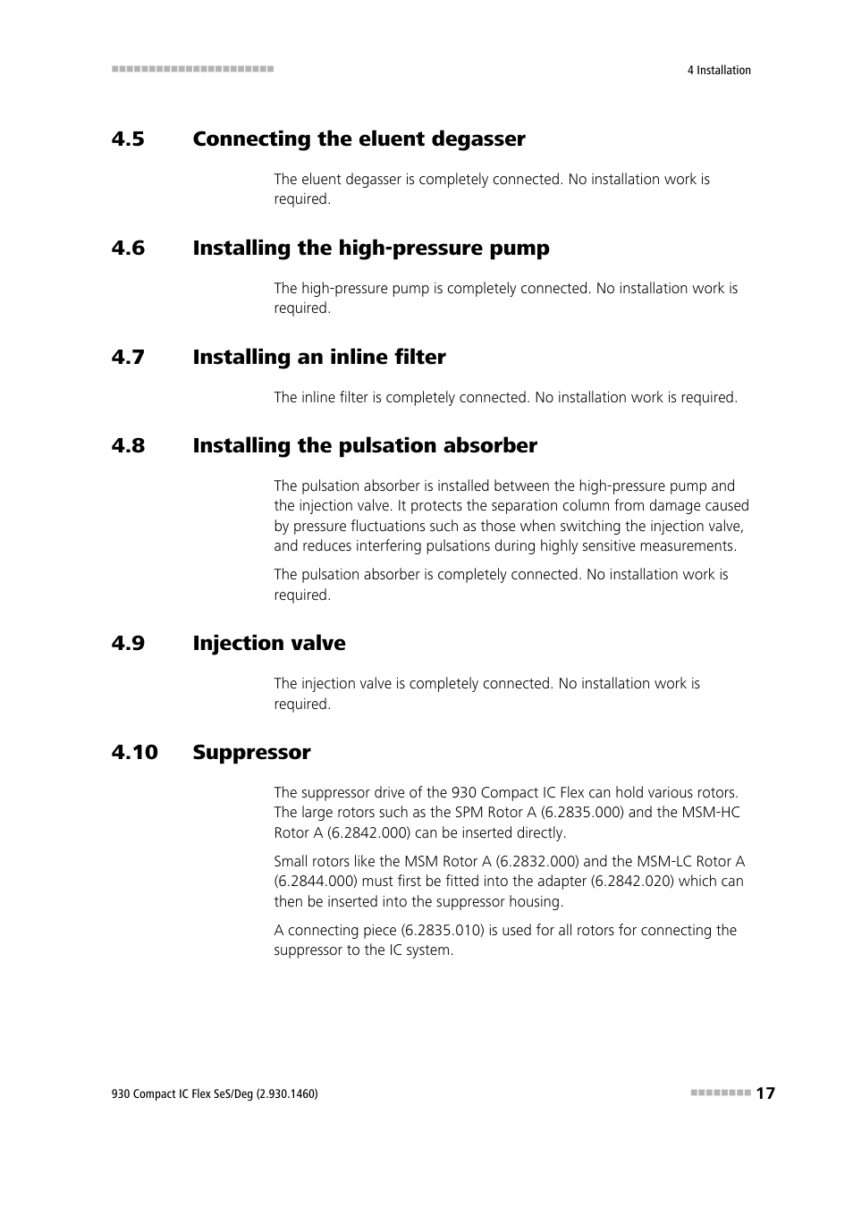 5 connecting the eluent degasser, 6 installing the high-pressure pump, 7 installing an inline filter | 8 installing the pulsation absorber, 9 injection valve, 10 suppressor, Connecting the eluent degasser, Installing the high-pressure pump, Installing an inline filter, Installing the pulsation absorber | Metrohm 930 Compact IC Flex SeS/Deg User Manual | Page 25 / 48