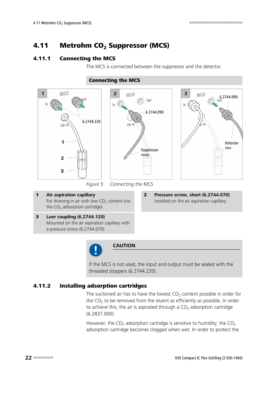 11 metrohm co2 suppressor (mcs), 1 connecting the mcs, 2 installing adsorption cartridges | 11 metrohm co, Suppressor (mcs), Connecting the mcs, Installing adsorption cartridges, Figure 5 | Metrohm 930 Compact IC Flex SeS/Deg User Manual | Page 30 / 48