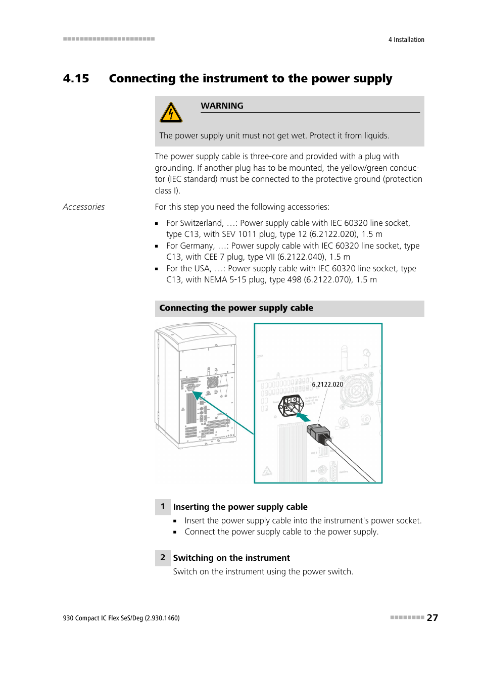 15 connecting the instrument to the power supply | Metrohm 930 Compact IC Flex SeS/Deg User Manual | Page 35 / 48