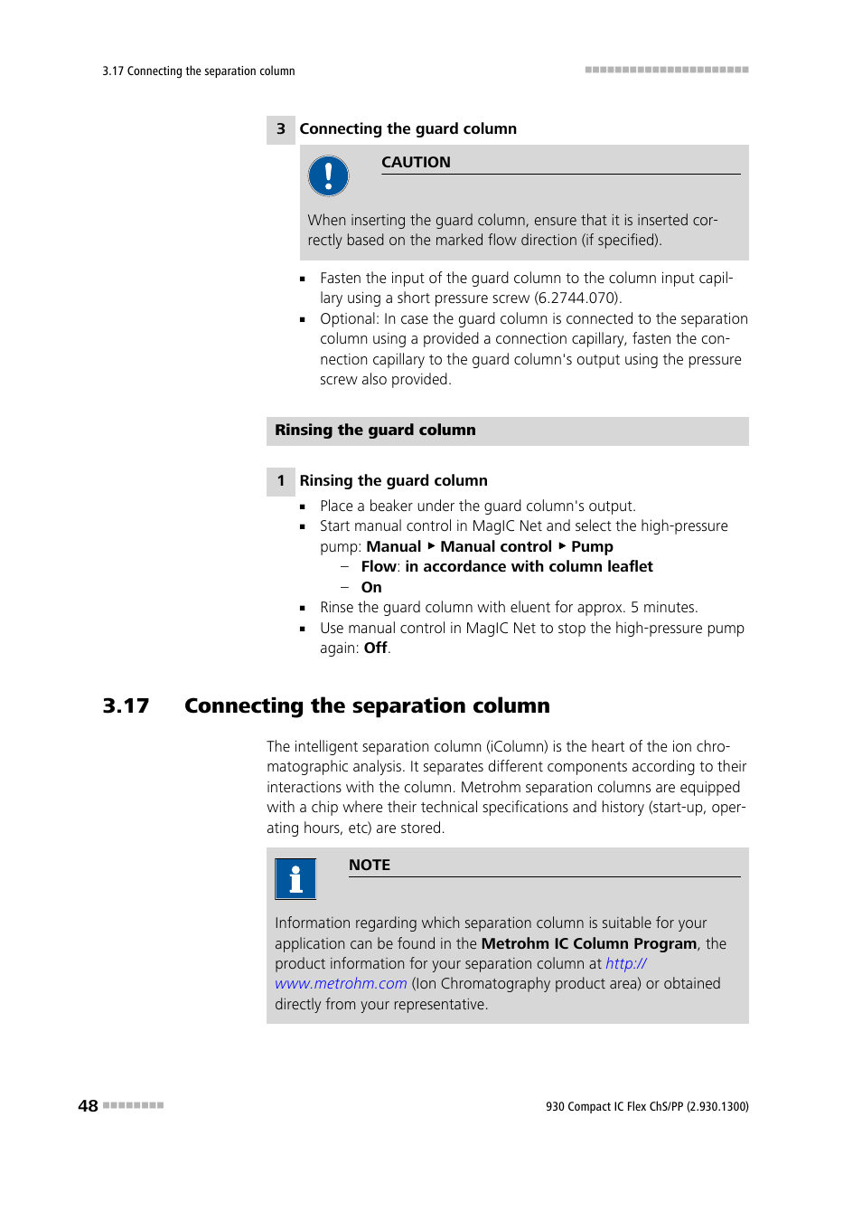 17 connecting the separation column | Metrohm 930 Compact IC Flex ChS/PP User Manual | Page 56 / 112