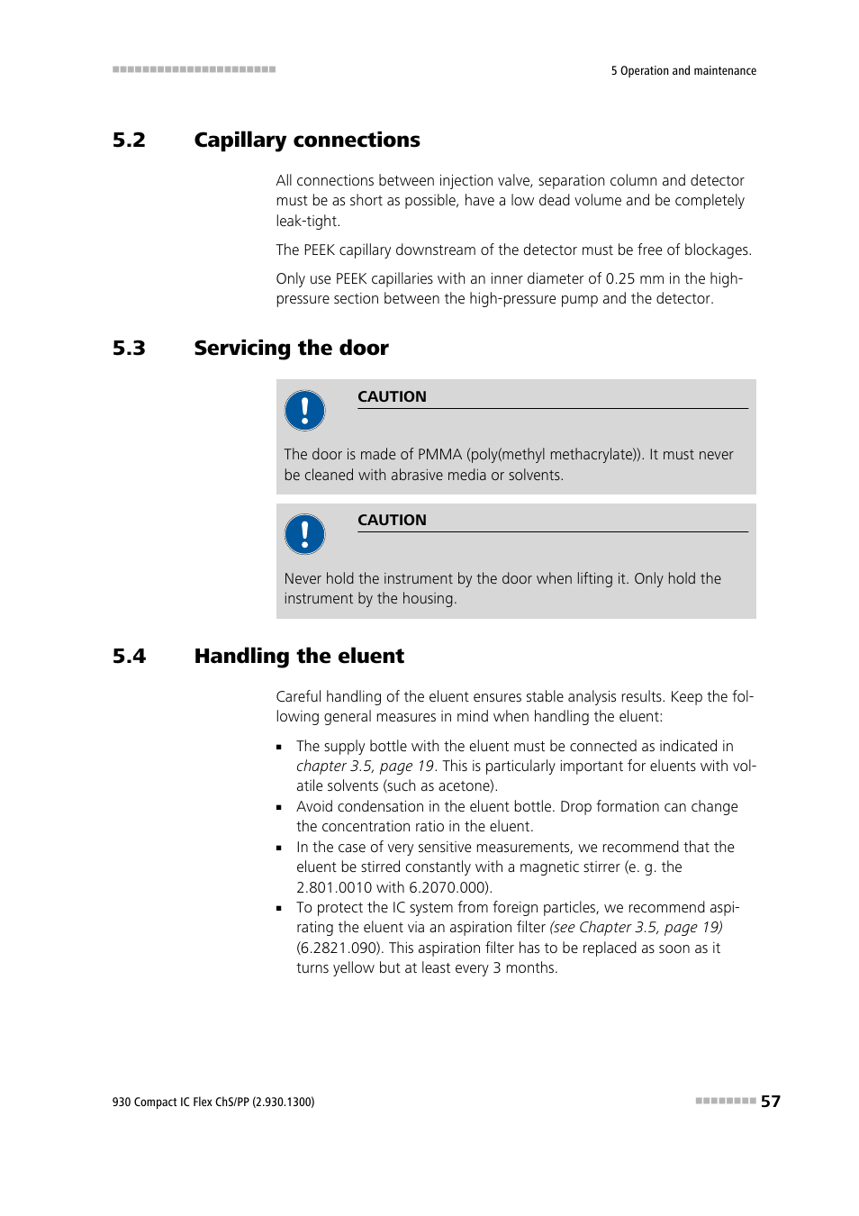 2 capillary connections, 3 servicing the door, 4 handling the eluent | Capillary connections, Servicing the door, Handling the eluent | Metrohm 930 Compact IC Flex ChS/PP User Manual | Page 65 / 112