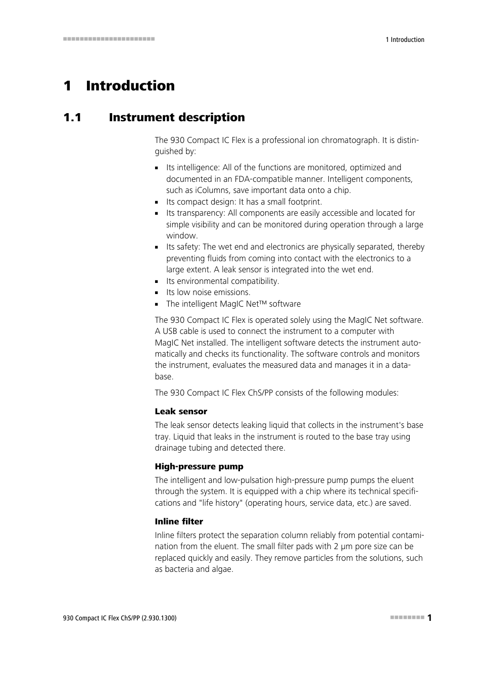 1 introduction, 1 instrument description, Instrument description | Metrohm 930 Compact IC Flex ChS/PP User Manual | Page 9 / 112