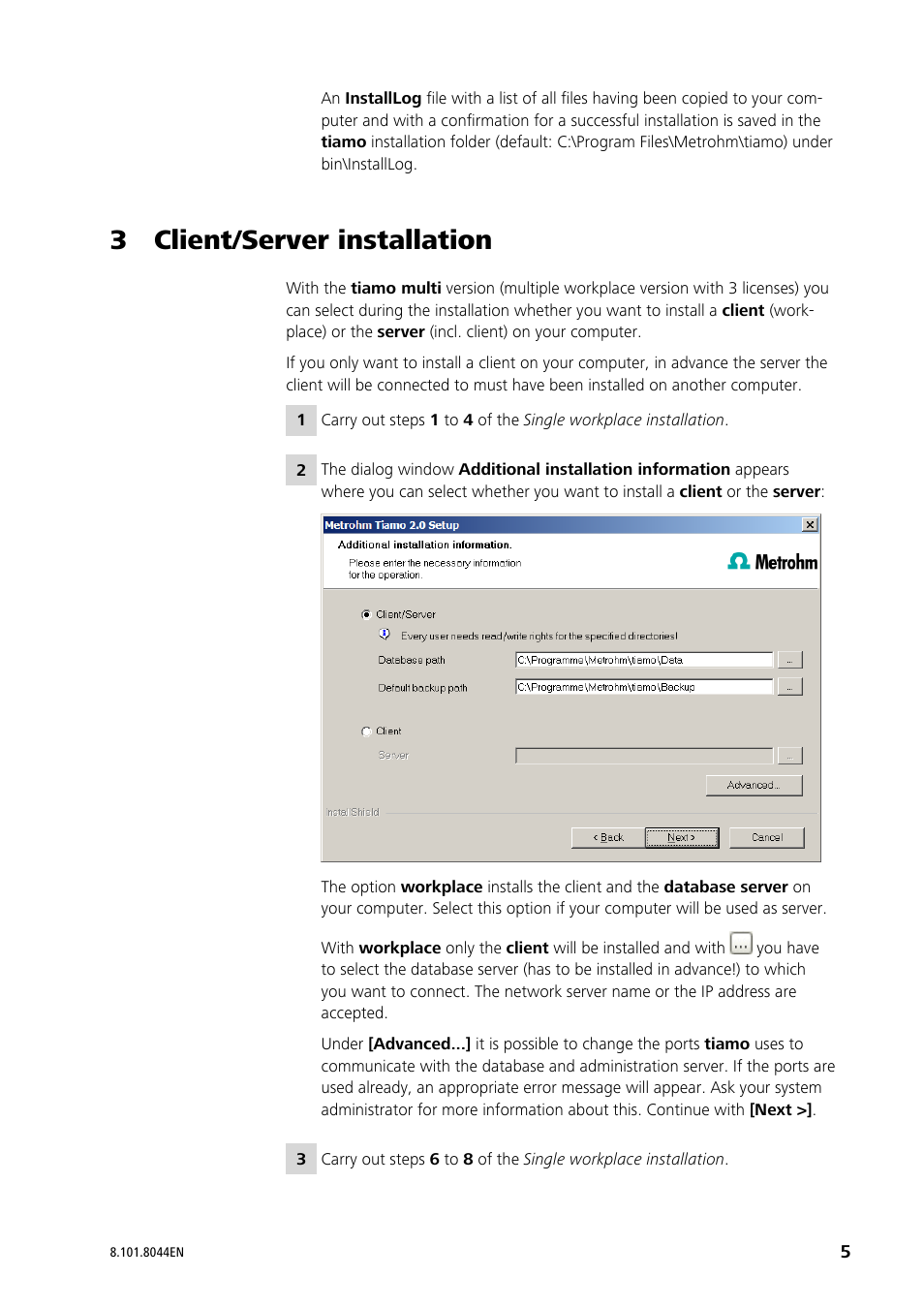 3 client/server installation | Metrohm tiamo 2.3 Installation User Manual | Page 5 / 15