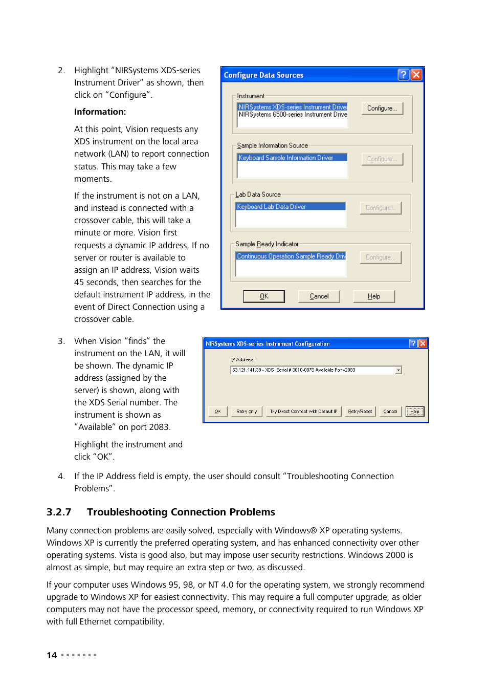 7 troubleshooting connection problems, Troubleshooting connection problems | Metrohm NIRS XDS Transmission OptiProbe Analyzer User Manual | Page 16 / 90