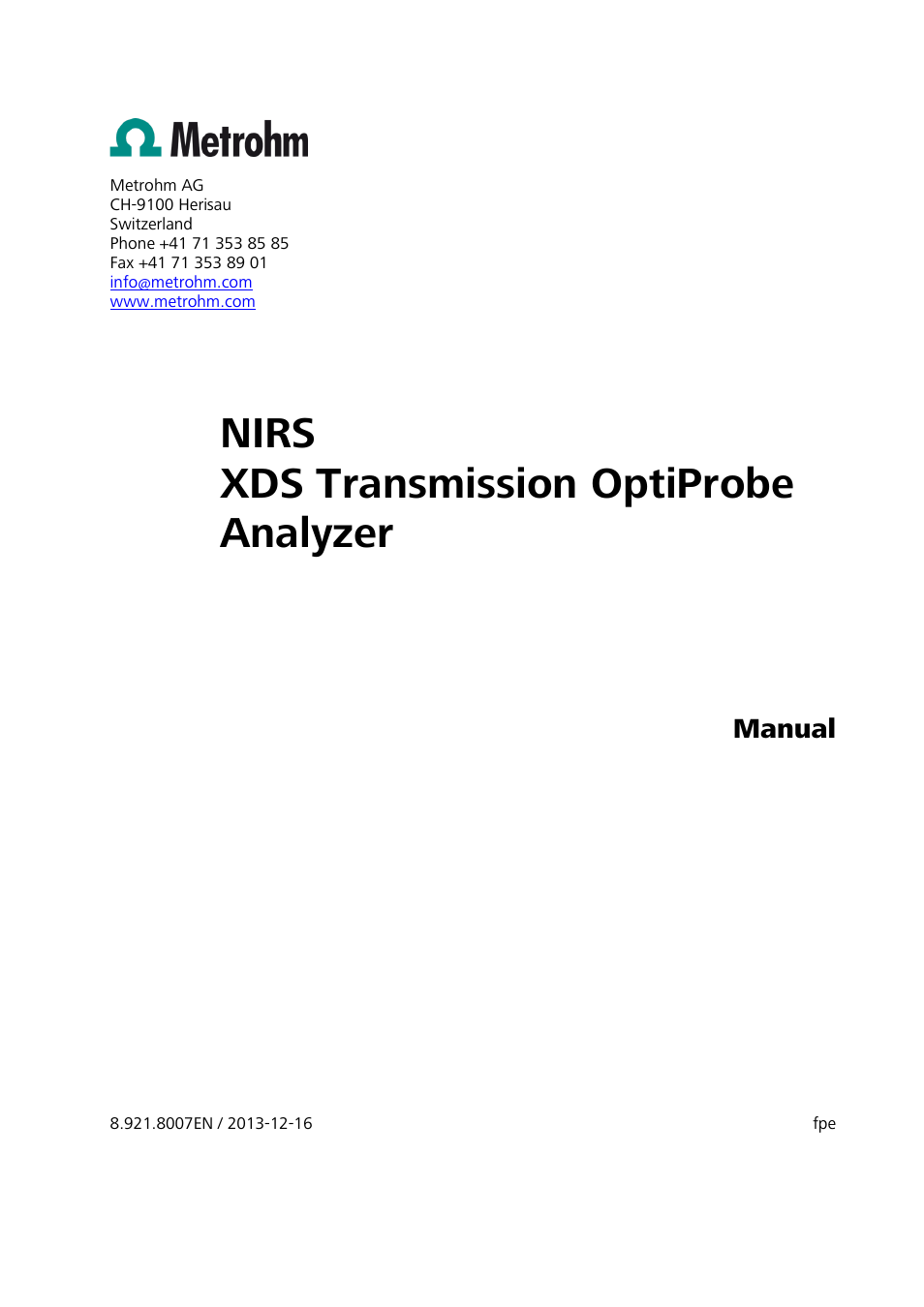 Nirs xds transmission optiprobe analyzer, Manual | Metrohm NIRS XDS Transmission OptiProbe Analyzer User Manual | Page 3 / 90