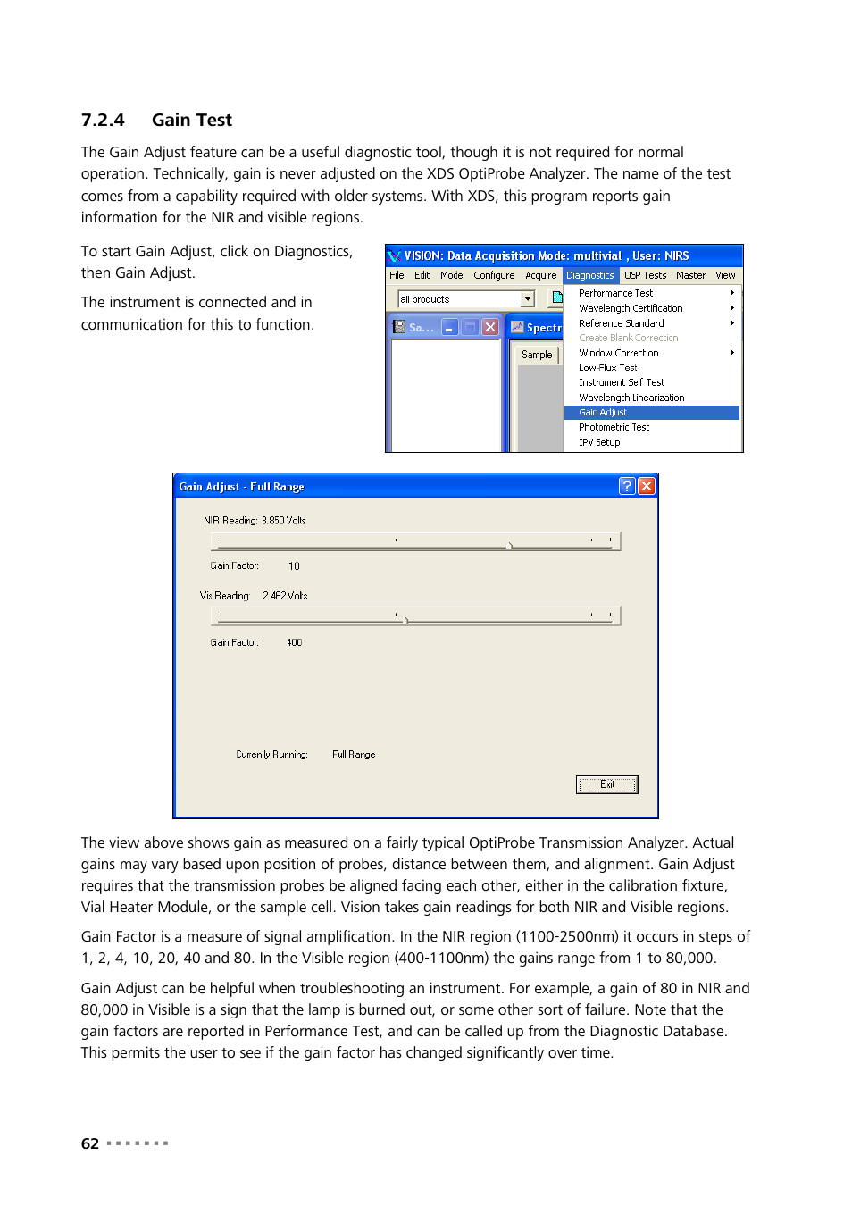 4 gain test, Gain test | Metrohm NIRS XDS Transmission OptiProbe Analyzer User Manual | Page 64 / 90