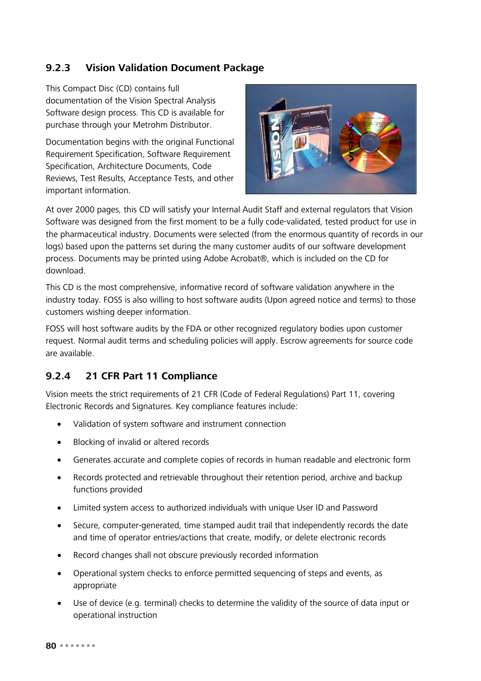 3 vision validation document package, 4 21 cfr part 11 compliance, Vision validation document package | 21 cfr part 11 compliance | Metrohm NIRS XDS Transmission OptiProbe Analyzer User Manual | Page 82 / 90