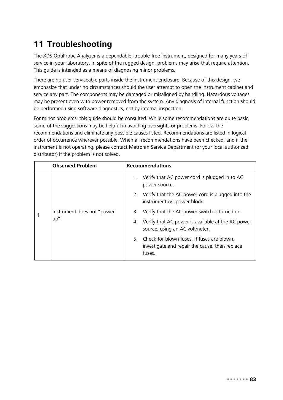 11 troubleshooting, Troubleshooting | Metrohm NIRS XDS Transmission OptiProbe Analyzer User Manual | Page 85 / 90