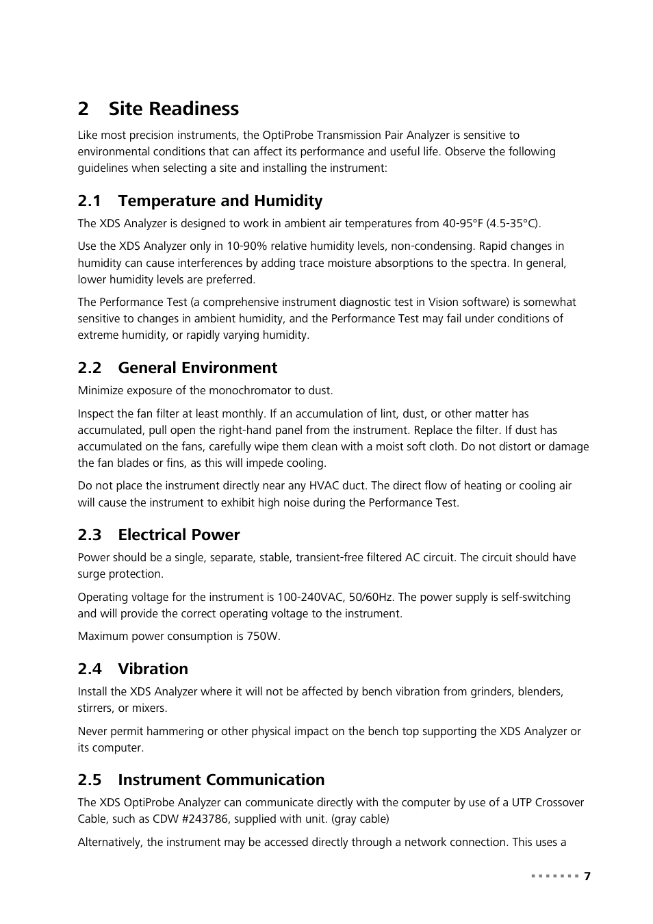 2 site readiness, 1 temperature and humidity, 2 general environment | 3 electrical power, 4 vibration, 5 instrument communication, Site readiness, Temperature and humidity, General environment, Electrical power | Metrohm NIRS XDS Transmission OptiProbe Analyzer User Manual | Page 9 / 90