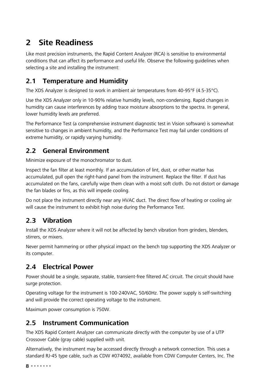 2 site readiness, 1 temperature and humidity, 2 general environment | 3 vibration, 4 electrical power, 5 instrument communication, Site readiness, Temperature and humidity, General environment, Vibration | Metrohm NIRS XDS RapidContent Analyzer User Manual | Page 10 / 91