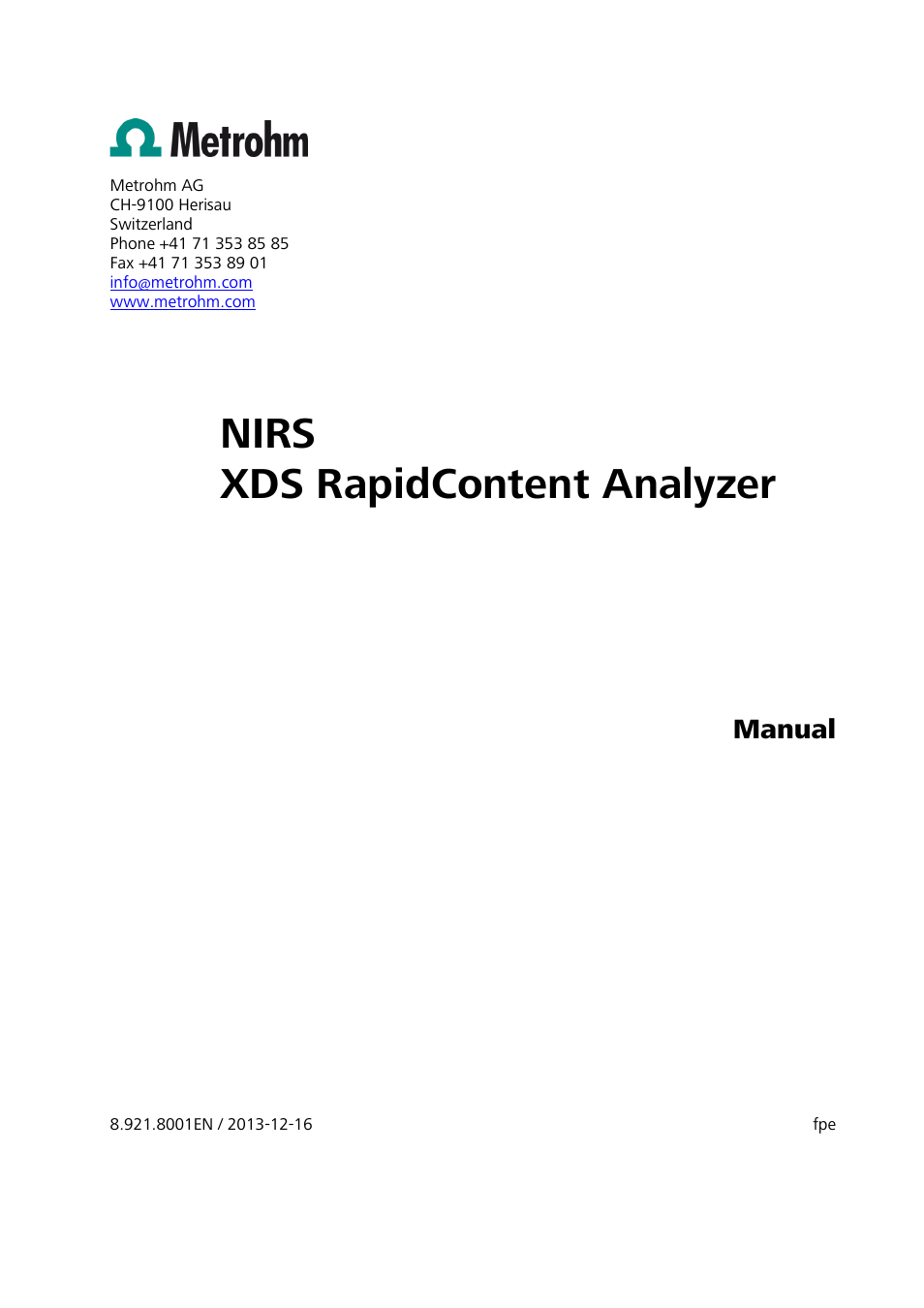 Nirs xds rapidcontent analyzer, Manual | Metrohm NIRS XDS RapidContent Analyzer User Manual | Page 3 / 91