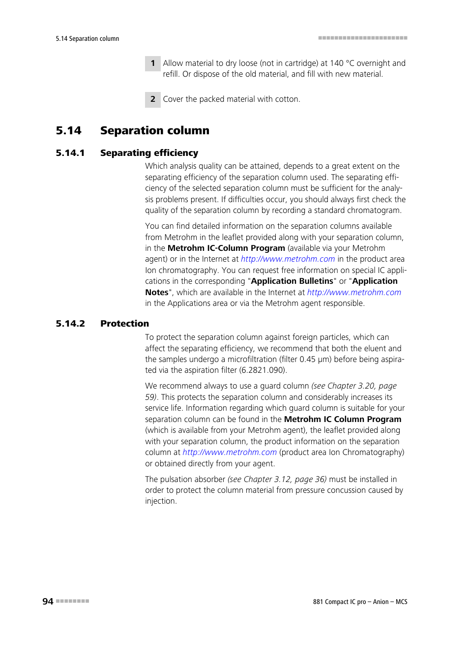 14 separation column, 1 separating efficiency, 2 protection | Separating efficiency, Protection | Metrohm 881 Compact IC pro – Anion – MCS User Manual | Page 104 / 137