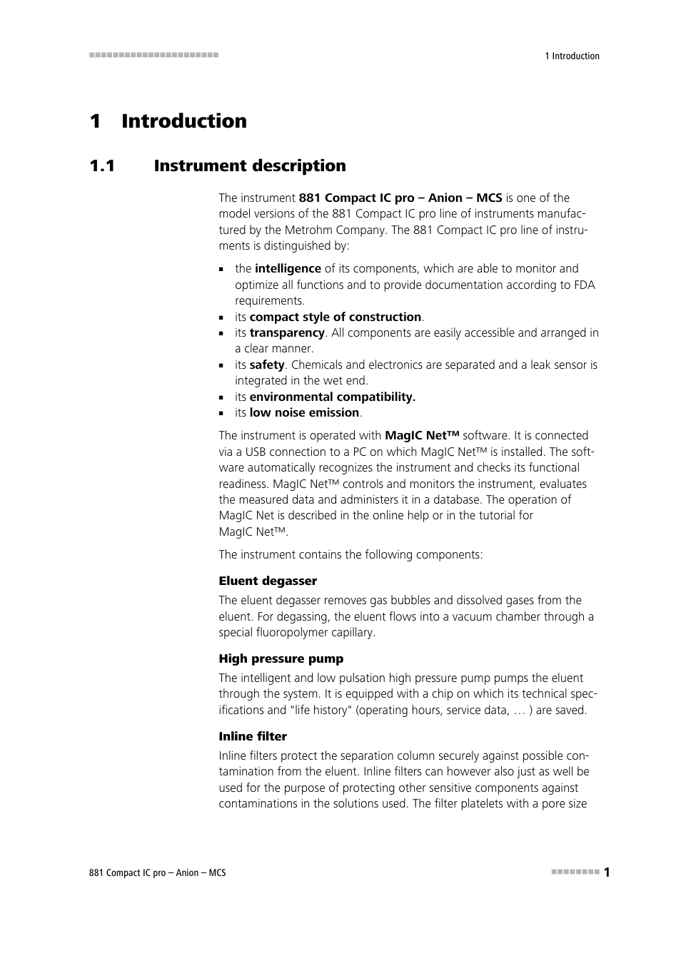 1 introduction, 1 instrument description, Instrument description | Metrohm 881 Compact IC pro – Anion – MCS User Manual | Page 11 / 137