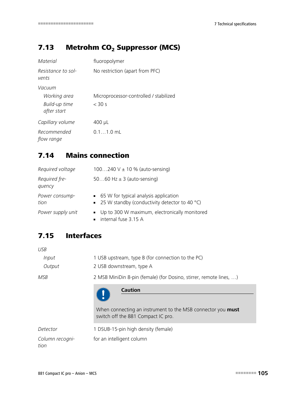 13 metrohm co2 suppressor (mcs), 14 mains connection, 15 interfaces | 13 metrohm co, Suppressor (mcs) | Metrohm 881 Compact IC pro – Anion – MCS User Manual | Page 115 / 137