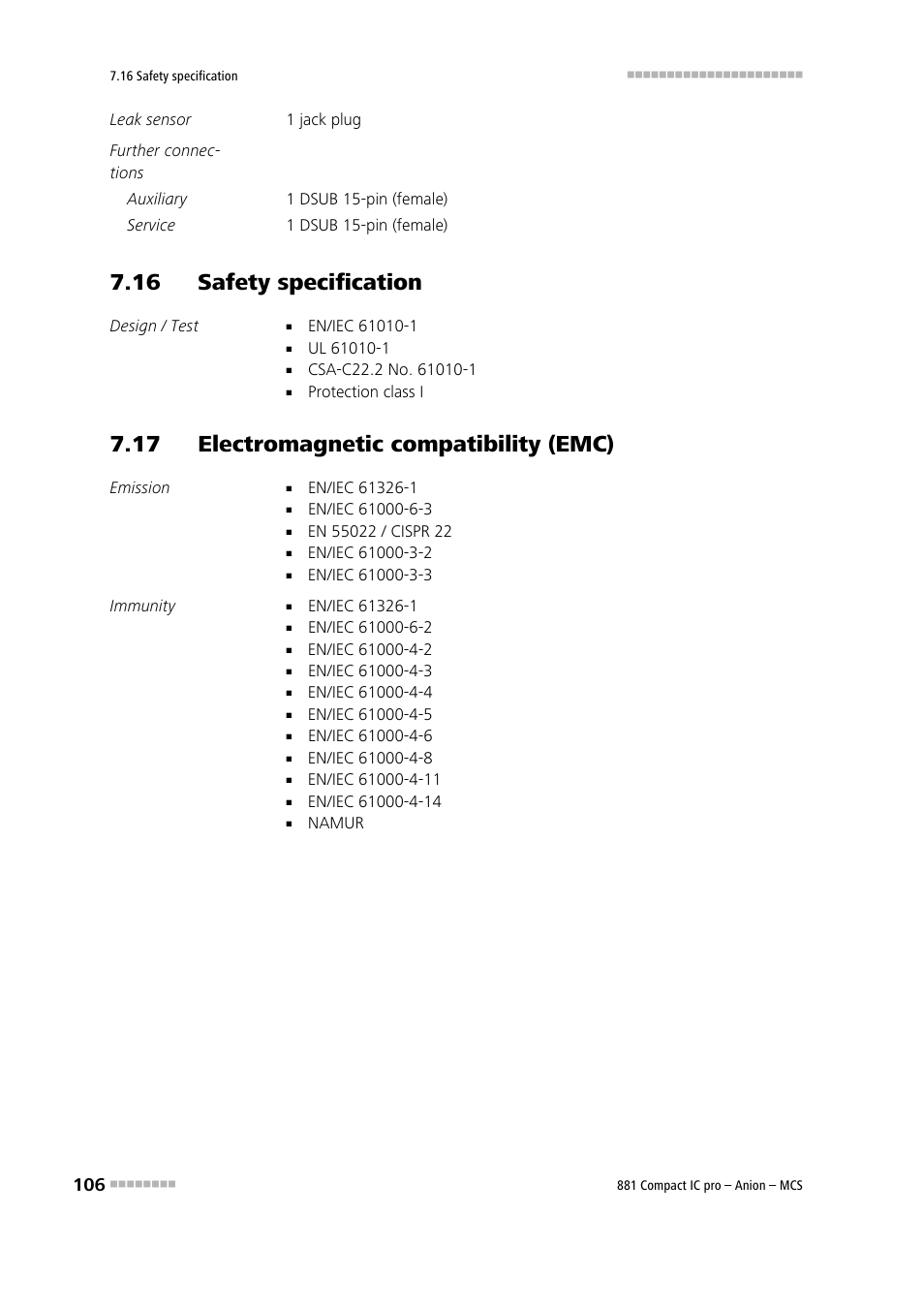 16 safety specification, 17 electromagnetic compatibility (emc) | Metrohm 881 Compact IC pro – Anion – MCS User Manual | Page 116 / 137