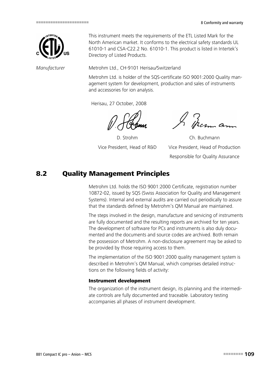 2 quality management principles, Quality management principles | Metrohm 881 Compact IC pro – Anion – MCS User Manual | Page 119 / 137