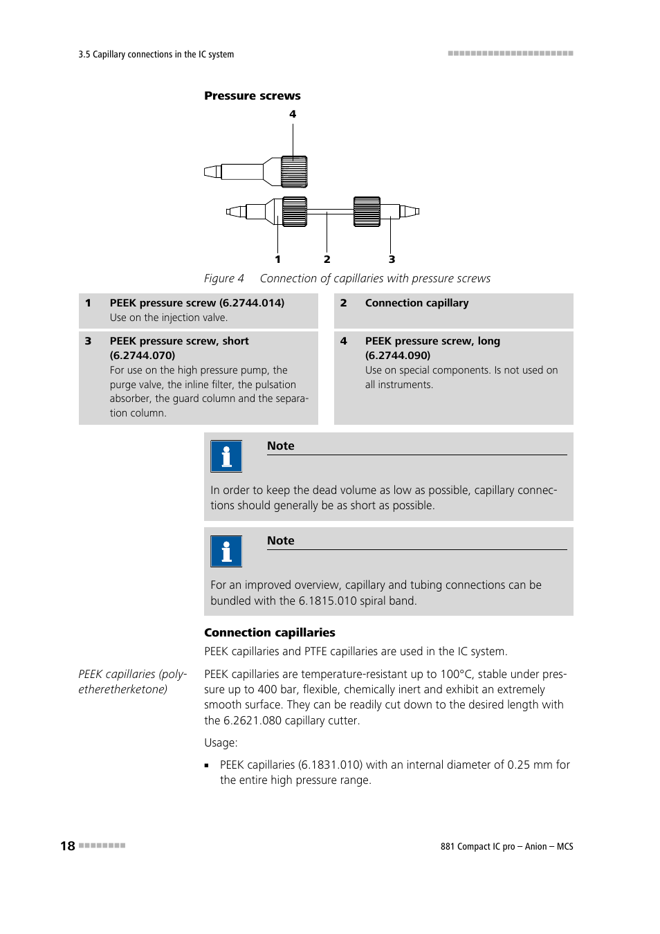 Figure 4, Connection of capillaries with pressure screws | Metrohm 881 Compact IC pro – Anion – MCS User Manual | Page 28 / 137